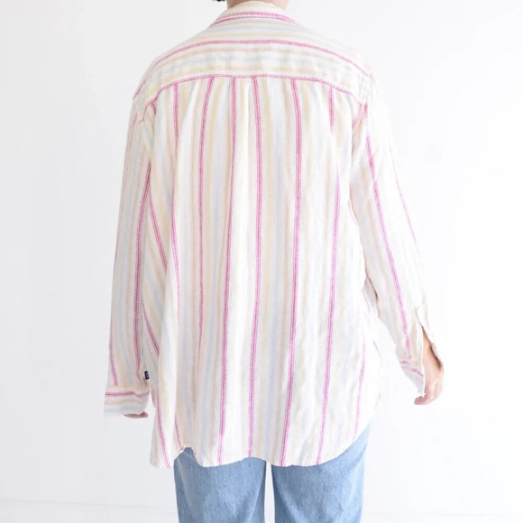 Gap Cream w Pink Stripe 55%  Linen Button Up Lightweight Dress Shirt Size XL - Picture 3 of 11
